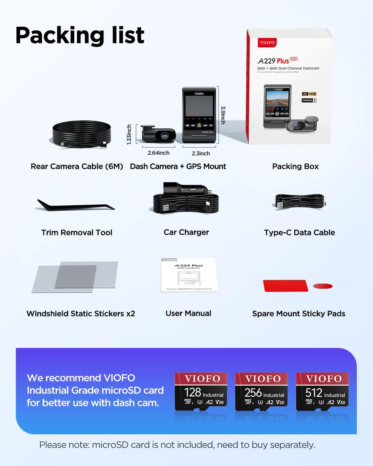 VIOFO A229 Plus 2ch + HK4 + SD card 128gb + Installation