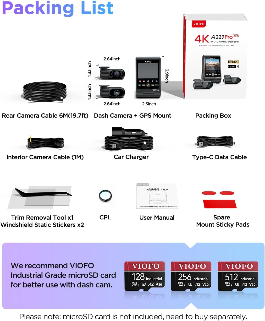 VIOFO A229 Pro 3ch + HK4 + SD card 256gb + Installation