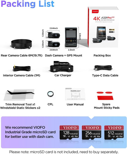 VIOFO A229 Pro 3ch + HK4 + SD card 256gb